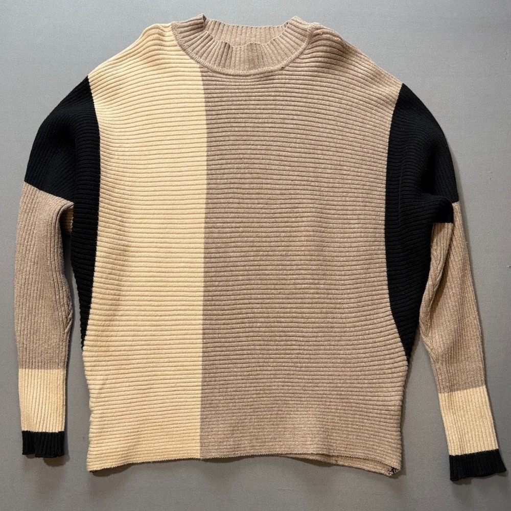 Belldini Ribbed Colorblock Sweater L – Mock Neck Knit Beige Black Tan